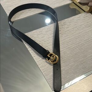 Elegant Black Leather Belt with Gold Buckle